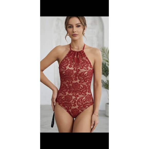Papaya Tops - NWT Red Floral Lace Bodysuit Teddy with Nude Lining and Strappy Back Papaya Sz S